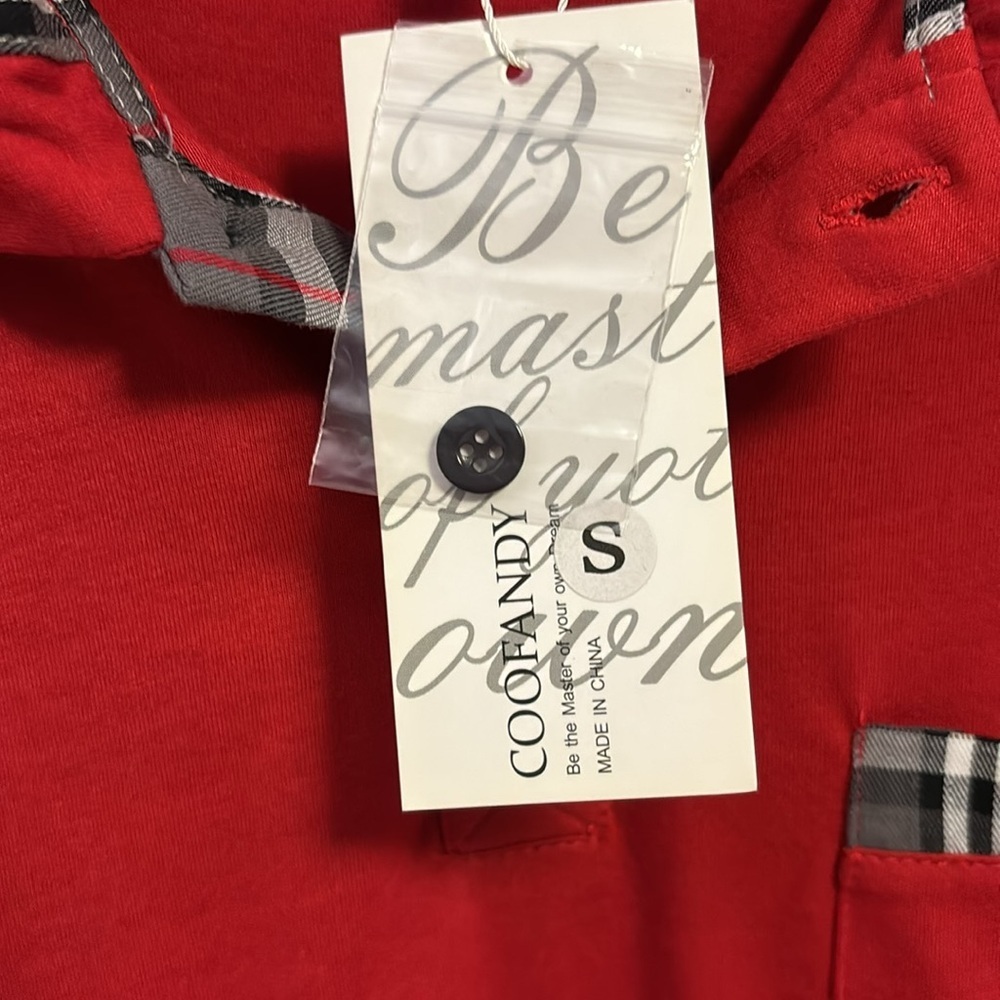 COOFANDY BRAND RED POLO SHIRT 3 BUTTONS DOWN CENTER GREY RED WHITE PLAID ACCENTS - Picture 4 of 8
